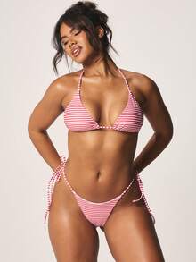 MISSGUIDED Striped Triangle Bikini Set With Halter Neck Tie Top And String Side Bikini Bottom Summer Beachwear Two Piece Swimsuit - Multicolor - View 1