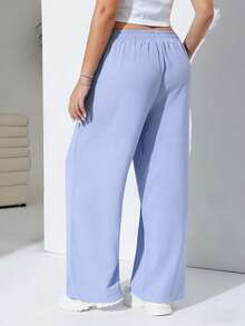 SHEIN EZwear Plus Size Women Solid Color Casual Versatile Commuting Wide Leg Pants - Baby Blue - View 2