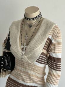 Elamini Casual Striped Sweater, Women's Winter Top Sweater Dress Womens Sweaters Knit Dress - Grey - View 6