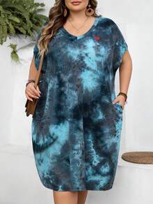 SHEIN CURVE+ Vestido casual de manga corta con cuello en V y manga de murciélago para mujer de talla grande con estampado de teñido anudado - Azul - Ver 3