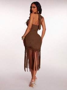 Radiana Women's Summer Boho Brown Crochet Flowy Fringe Hem Dress, Holiday/Beach Vacation Dress - Brown - View 2