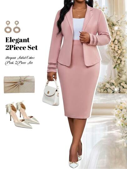 Fleurora 大码女式纯色翻领长袖开襟外套和铅笔裙休闲商务套装