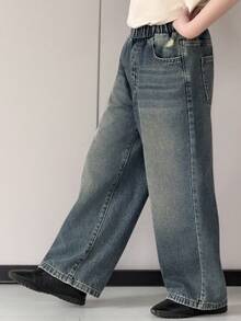 Dazy Kids Pantalones vaqueros casuales anchos de cintura elástica con bolsillos para niños preadolescentes - Azul - Ver 5