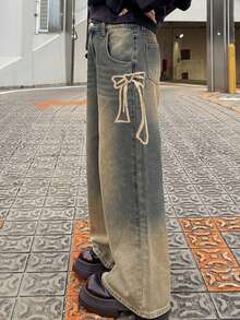 FRIFUL Women's Casual Bow Print Denim Jeans - Blue - View 3