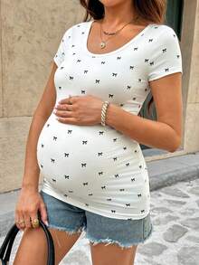 SHEIN 夏季孕妇度假杏色修身蝴蝶结印花T恤，圆领短袖修身休闲T恤，夏季哺乳上衣 - 白色 - 查看 2