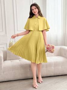 SHEIN 2件套复古优雅披肩领褶裥下摆连衣裙配衬衫，适合青少年女孩 - 芥末黃 - 查看 6