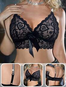 MidnightGlam 女士蕾丝拼接无钢圈蝴蝶装饰性感文胸 - 黑色 - 查看 8