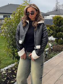 Jeta Ari 1 件女式休闲时尚毛绒边拉链夹克，秋季