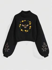 ROMWE Fairycore 大码女式花卉和蜜蜂刺绣高领毛衣，校园风，冬季 - 黑色 - 查看 1