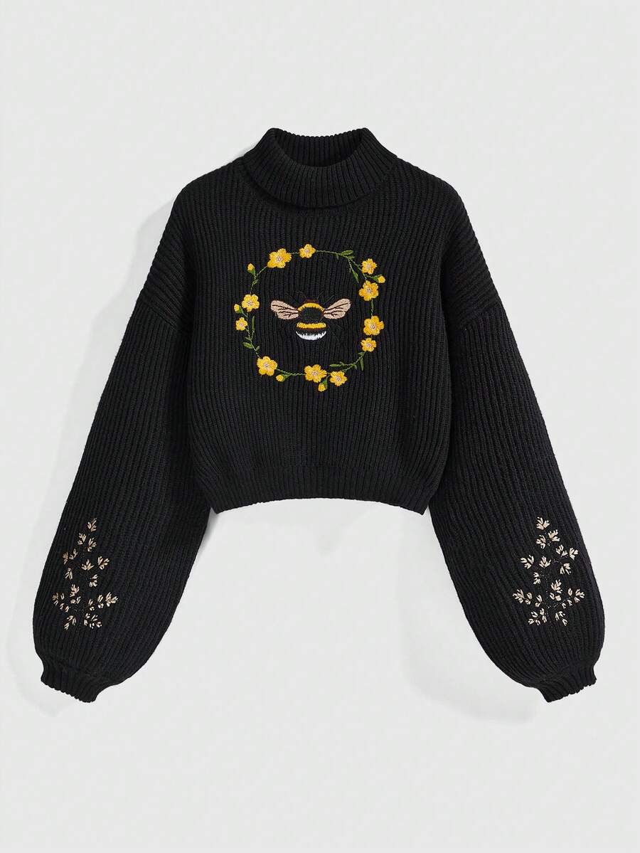 ROMWE Fairycore 大码女式花卉和蜜蜂刺绣高领毛衣，校园风，冬季 - 黑色 - 查看 1