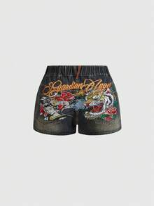 ROMWE Avant 大码女式新款中国风虎头艺伎图案英文刺绣复古牛仔短裤 - 藍色 - 查看 1