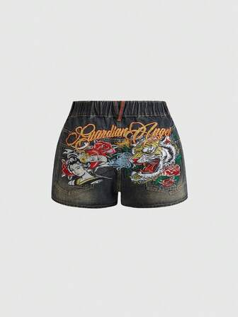 ROMWE Avant Pantalones cortos vaqueros vintage con bordado en inglés de figura de geisha con cabeza de tigre, estilo chino, talla grande para mujer