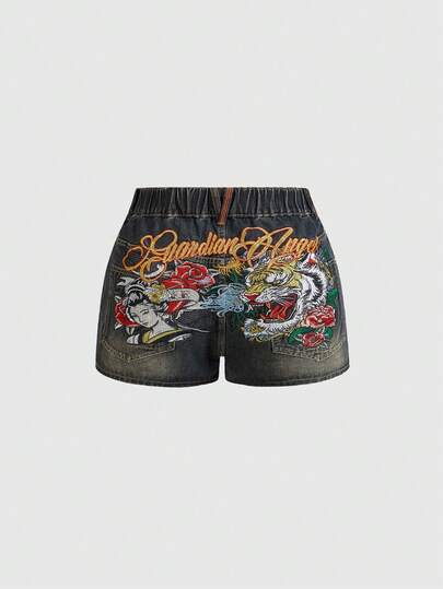 ROMWE Avant Pantaloncini di jeans vintage da donna taglie forti, con ricamo in stile inglese con figura di geisha e testa di tigre, in stile cinese