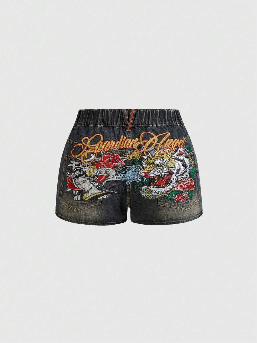 ROMWE Avant 大码女式新款中国风虎头艺伎图案英文刺绣复古牛仔短裤 - 藍色 - 查看 1