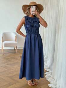 SHEIN LUNE Vestido azul casual de mujer con cuello redondo, plisado y sin mangas - Azul - Ver 1
