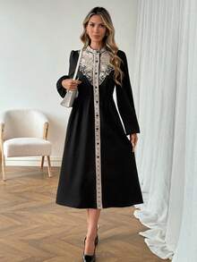 SHEIN LUNE Women's Contrast Lace Lantern Sleeve Single-Breasted Elegant Mid-Length Dress Spring Outfit Women Pring Break Outfits Party Dress Elegant Dresses For Women Elegant Dress Women Casual Dresses For Women Casual Long Dress Black Dress Business Casual Woman - Black - View 3