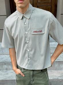 SWAVVY Men's Casual Striped Print Loose Fit Short Sleeve Shirt, Spring/Summer Men Vacation Men Shirt Co Ords Men Crop Button Up Cropped Men's Shirts Men's Boxy Shirts - Green - View 6