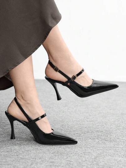 CUCCOO BIZCHIC Tacones altos puntiagudos y cómodos para uso diario con talón descubierto, elegantes y de estilo retro con doble hebilla y banda elástica, sandalias de vestir para uso en exteriores, trabajo y fiestas