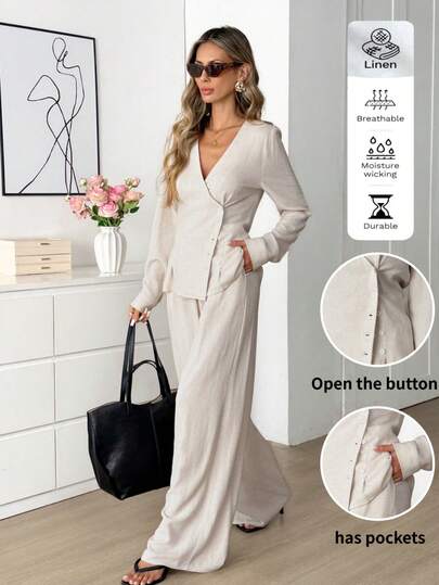 Easowa 2pcs Women Linen Cinched Waist Long Sleeve Shirt And Pocket Pants Set Elegant Women's V-Neck Long Sleeve Top And Wide Leg Pant Two Piece Outfit Loungewear Set
Chic Women's Button-Detail Peplum Blouse And High Waisted Wide Leg Trousers Two Piece Set
Lightweight Khaki V-Neck Long Sleeve Buttoned Top And Flowy Wide Leg Pants Coordinate Set For Women Women Two Piece Sets