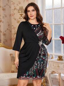 SHEIN Clasi Đầm thanh lịch cổ tròn tay lửng 3/4 đính sequin phối hoa dành cho nữ cỡ lớn - màu đen - Xem 8