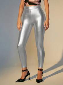 COSMINA Women's Solid Color High Waist PU Leather Fashion Tights, Winter Women, Silver Pants, Leggings, Metallic For - Silver - View 3
