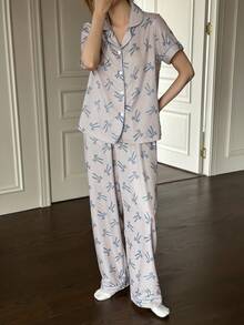 Dream Adore Set Piyama Lengan Pendek Berkerah Motif Garis-garis Manis dan Lucu untuk Wanita - Biru - View 5