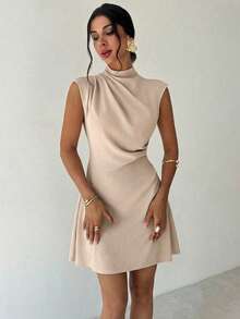 Firerie Women's Elegant Minimalist Casual Daily Commute Vacation Fashion New Small Stand Collar Draped Sleeve Cinched Waist A-Line Apricot Mini Dress - Apricot - View 3