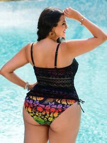 Swim Lushoire 大码女式两件套泳衣，不对称印花拼接网眼吊带比基尼 - 彩色 - 查看 2
