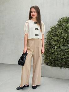 Firerie Kids 2件套 少女休闲时尚圆领纽扣泡泡袖上衣+直筒裤，春夏款 - 卡其色 - 查看 3