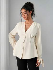 Momance Maternity Shirt With Bow Tie Straps, Shirred Cardigan, Waist Saving, Back Pleated, Front Button A-Line Blouse - Beige - View 4