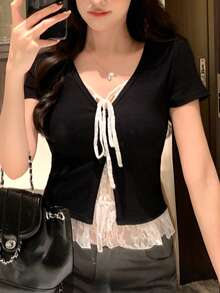 DAZY 女士休闲撞色蕾丝T恤，夏季 - 黑色 - 查看 4