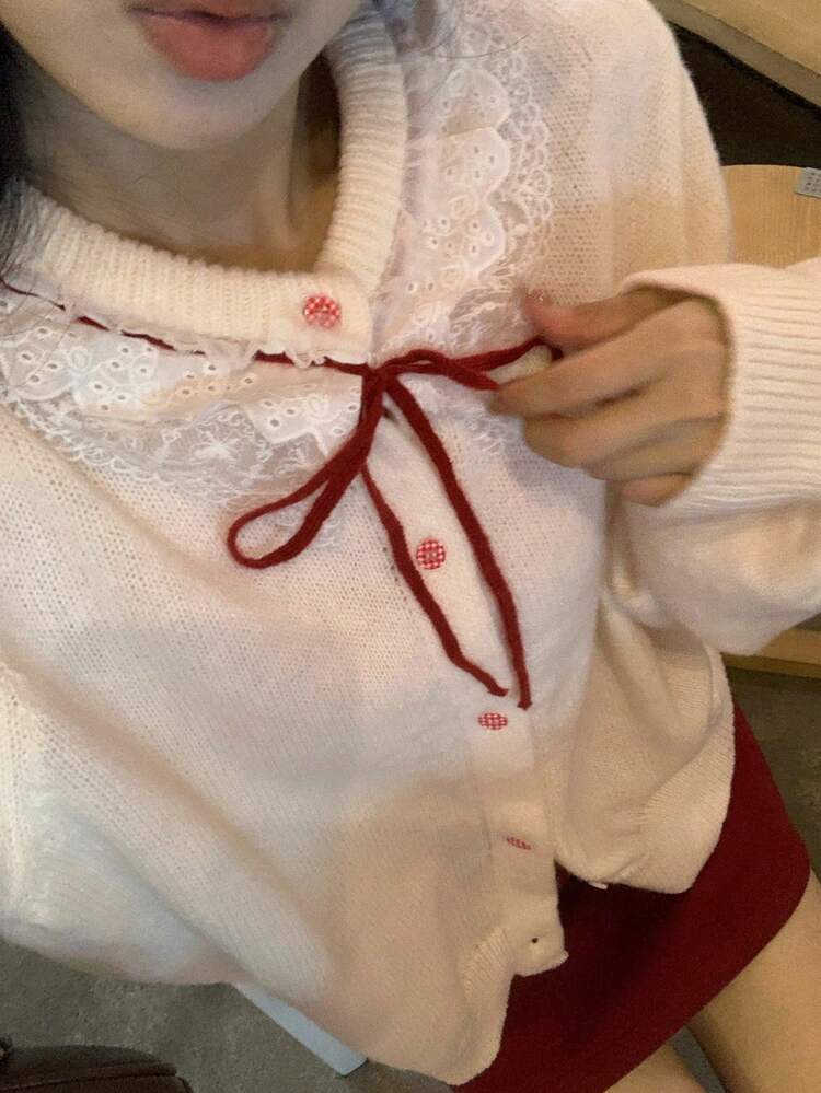 Women's Contrast Lace Ruffle Hem Long Sleeve Front Tie Knitted Cardigan