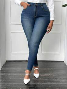 SHEIN SXY Plus Size Women Casual High Waist Skinny Jeans, Versatile & Minimalist - Dark Wash - View 3