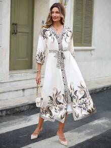 Louniche 女士休闲优雅中东风情印花V领七分袖修身A字连衣裙，春夏款 - 彩色 - 查看 4