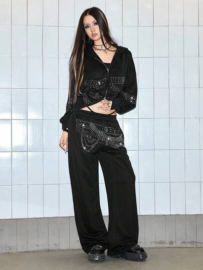 Grunge Punk Y2K Casual Punk Rivet Waist Belt Printed Oversized Women Sweatpants