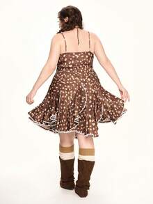 ROMWE Rochie Fairycore vintage cu imprimeu de cerb, stil pădure, tiv asimetric, mărime mare, model dulce pentru fete, Cottagecore, mărime mare, rochie camisol pentru femei