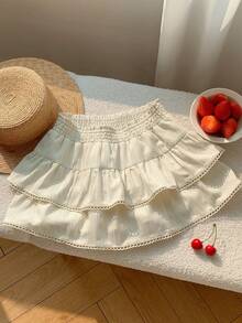 Comfortcana 杏色梭织女式层叠荷叶边时尚A字裙 - 杏色 - 查看 5