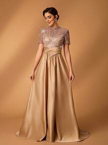 Serin Elegant Champagne Gold Spring Wedding Formal Party Dress,Luxurious Pearl Beaded Sequin Embroidered Sheer Sleeve Satin Ruched Maxi Evening Gown,Gala - Champagne - View 5