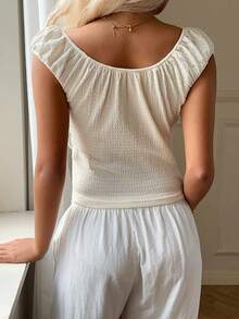 CovetEZ Women's Casual Clothing 2026 New Fashionable Casual Clean Girl Sweet Casual Square Neck Puff Sleeve Short Sleeve Slim Fit Cropped Gathered T-Shirt Knitted Jacquard Top, Summer - Apricot - View 2