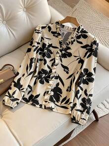 GlowEve 优雅V领荷叶边印花泡泡袖宽松长袖女式衬衫 - 卡其色 - 查看 1