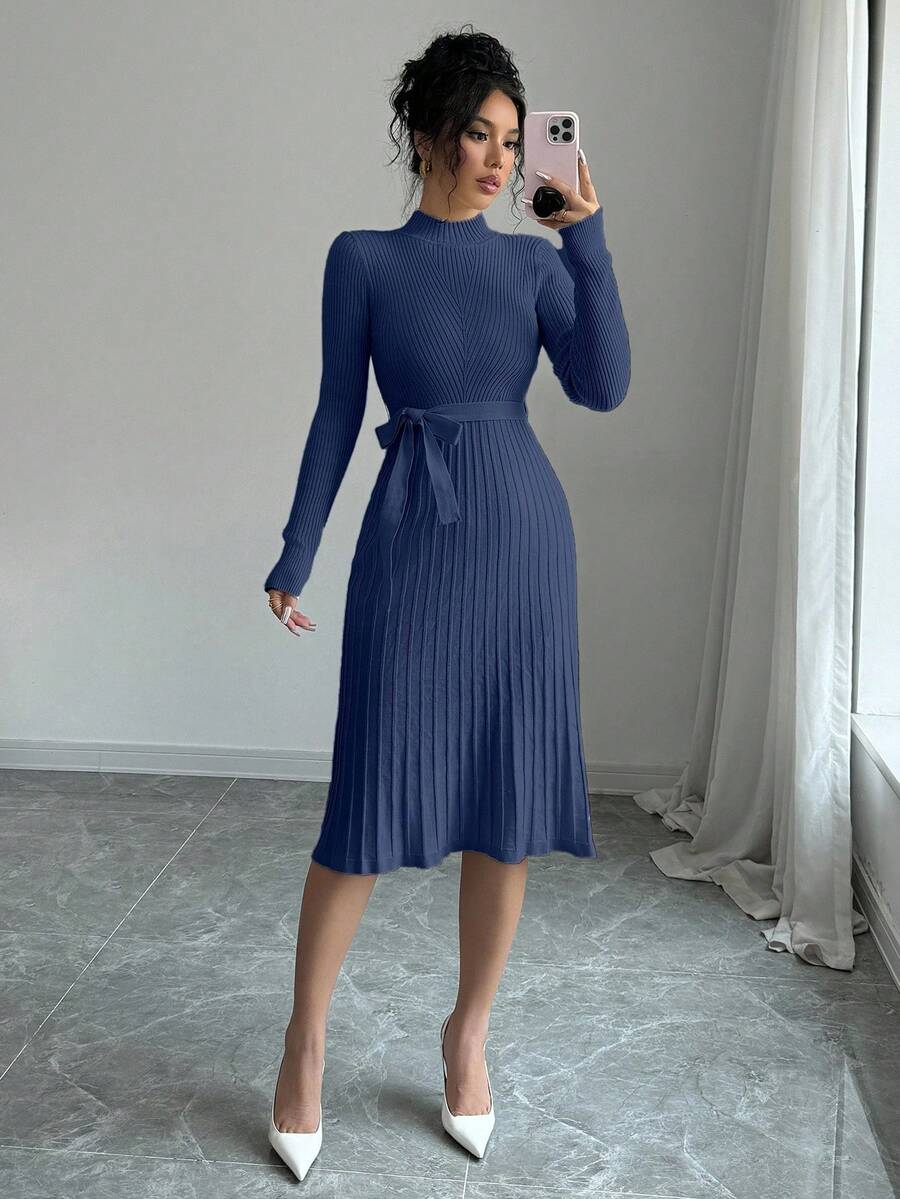 SHEIN Clasi 女士优雅纯色罗纹针织连衣裙,秋季 - 藍色 - 查看 1