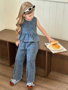 Elladie kids 2 Peças Conjunto Denim Casual Feminino, Inclui Top Denim de Manga Curta com Babado e Calça Denim Reta de Ajuste Relaxado, Tecido de Algodão Confortável, Adequado para Uso Diário, Primavera/Verão - Lavagem Média - Visão 4