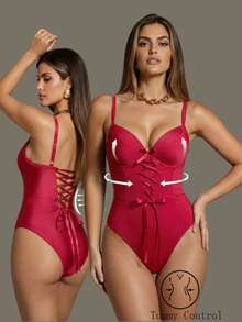 Shapewave Women's Sexy Shiny Red Lace-Up One-Piece Swimsuit, Fashionable & Slimming, Spring/Summer Valentine's Day One Piece Bathing Suit Full Coverage Valentines - Burgundy - View 1