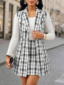 SHEIN Lady Women's Plaid Lapel NeckDouble-Breasted Sleeveless Jacket And Mini Skirt Elegant 2 Pieces Set - Multicolor - View 1