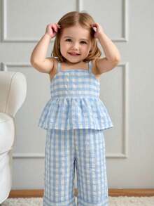 女婴休闲度假时尚修身舒适棉质梭织蓝色条纹吊带背心拼接荷叶边下摆上衣和阔腿裤套装 - 彩色 - 查看 3