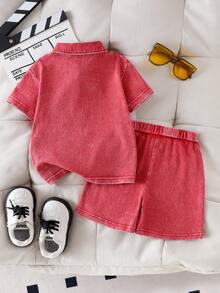 SHEIN Playful Pals 男童夏季休闲宽松红色两件套短袖衬衫外套，户外街头时尚 - 紅色 - 查看 2