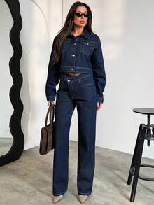 SHEIN Casual Washed Cropped Denim Jacket & Jeans Set 2 Piece Set For Women - Medium Wash - View 5