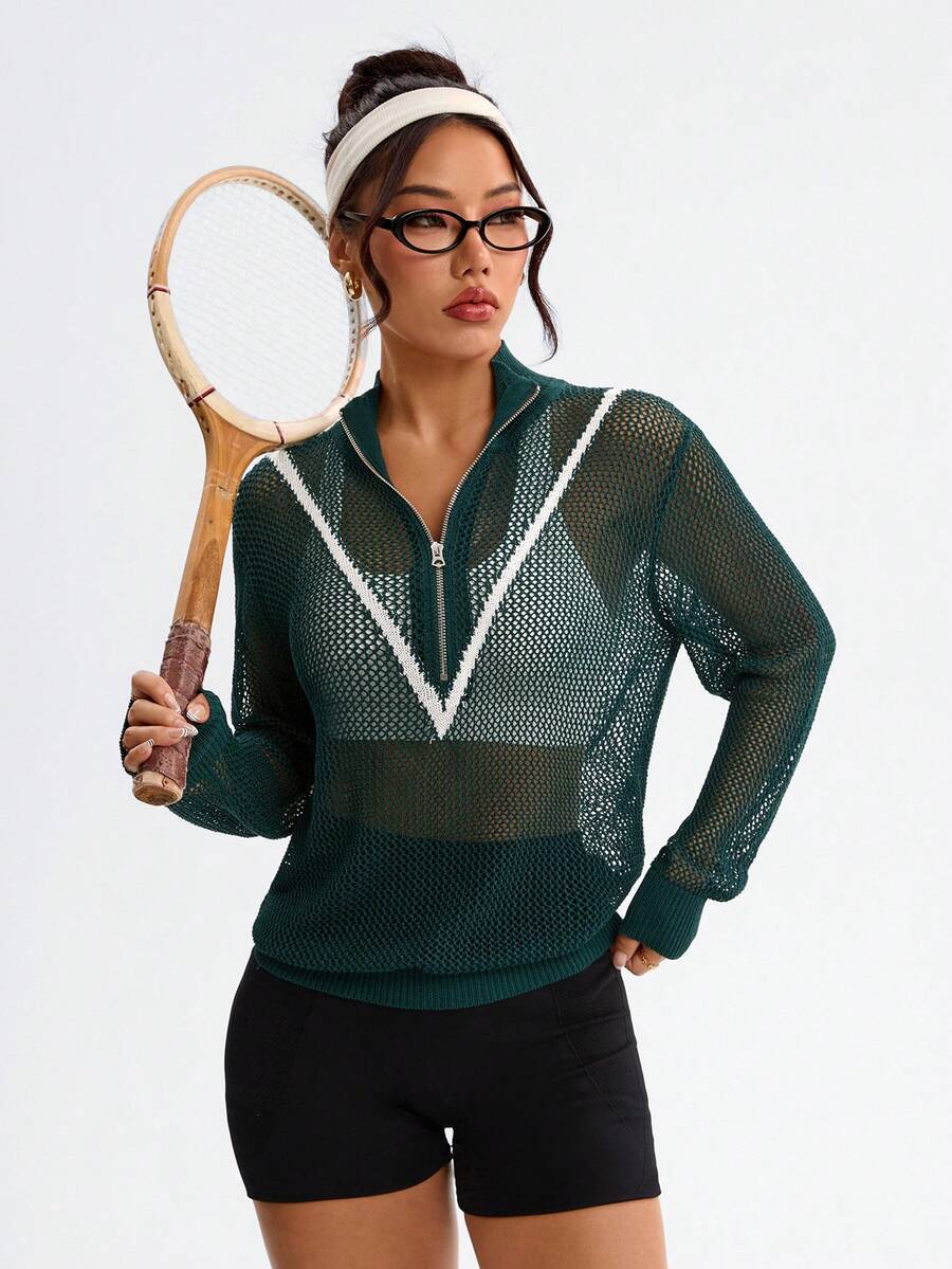 SHEIN Sports 女士撞色镂空针织透视毛衣 - 墨綠色 - 查看 1