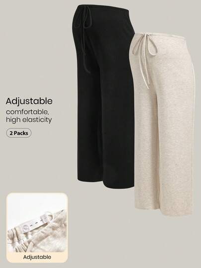 Modmama Summer Outfit,Casual Maternity Clothes Maternity Pants Maternity Solid Color Adjustable Waist Wide Leg Pants,Two-Pack Of Comfortable, Loose-Fitting High-Waisted Maternity Pants For Home And Outings. Adjustable Elastic Waistband For A Comfortable Fit Without Constricting The Belly.