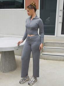 Arliah Damen 2-teiliges Set: einfarbiger Reißverschluss-Cardigan mit Langarm und Lange Hose, Lässig Strickware für Herbst/Winter - Grau - Übersicht 3